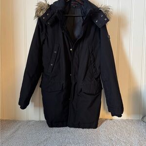 Tumi Black Puffer Coat with Faux Fur Hood